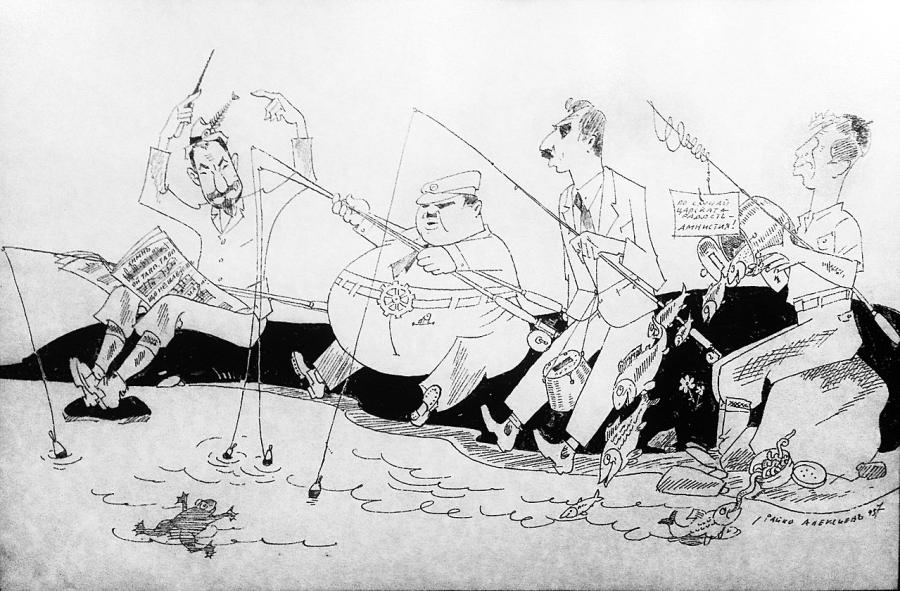 „Чудният риболов“: карикатура от Райко Алексиев, изобразяваща проф. Стоян Брашованов,