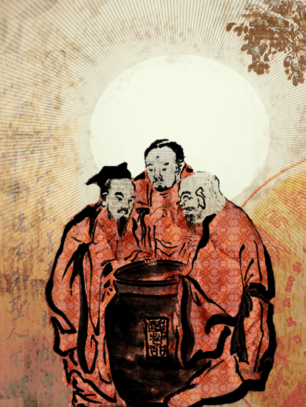 Буда, Конфуций и Лао-Цзи около бъчва с оцет. Оцетът е известен в Китай поне от III век